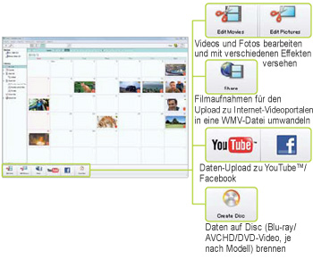 Videos und Fotos bearbeiten und mit verschiedenen Effekten versehen Filmaufnahmen für den Upload zu Internet-Videoportalen in eine WMV-Datei umwandeln Daten-Upload zu YouTube™/Facebook Daten auf Disc (Blu-ray/AVCHD/DVD-Video, je nach Modell) brennen