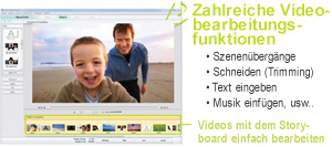 Zahlreiche Videobearbeitungsfunktionen -Szenenübergänge -Schneiden (Trimming) -Text eingeben -Musik einfügen, usw. Videos mit dem Storyboard einfach bearbeiten 
the storyboard